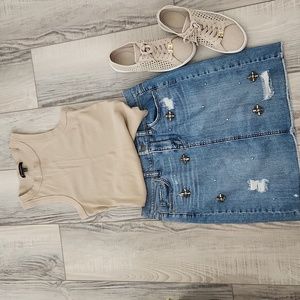 Loft Denim Frayed Hem Bejeweled Skirt 4